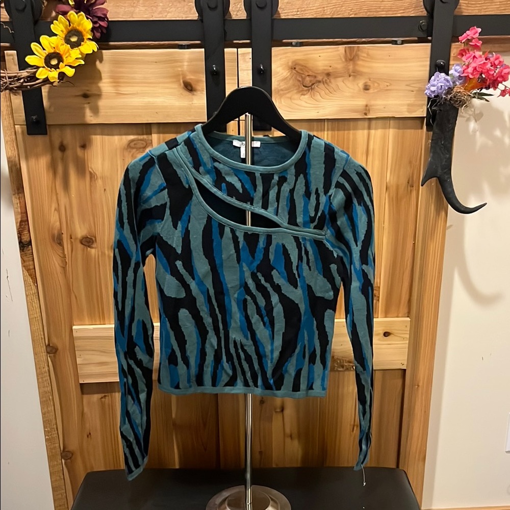 Bar III Teal and Black Zebra-Print Long Sleeve Top with Chest Cutout